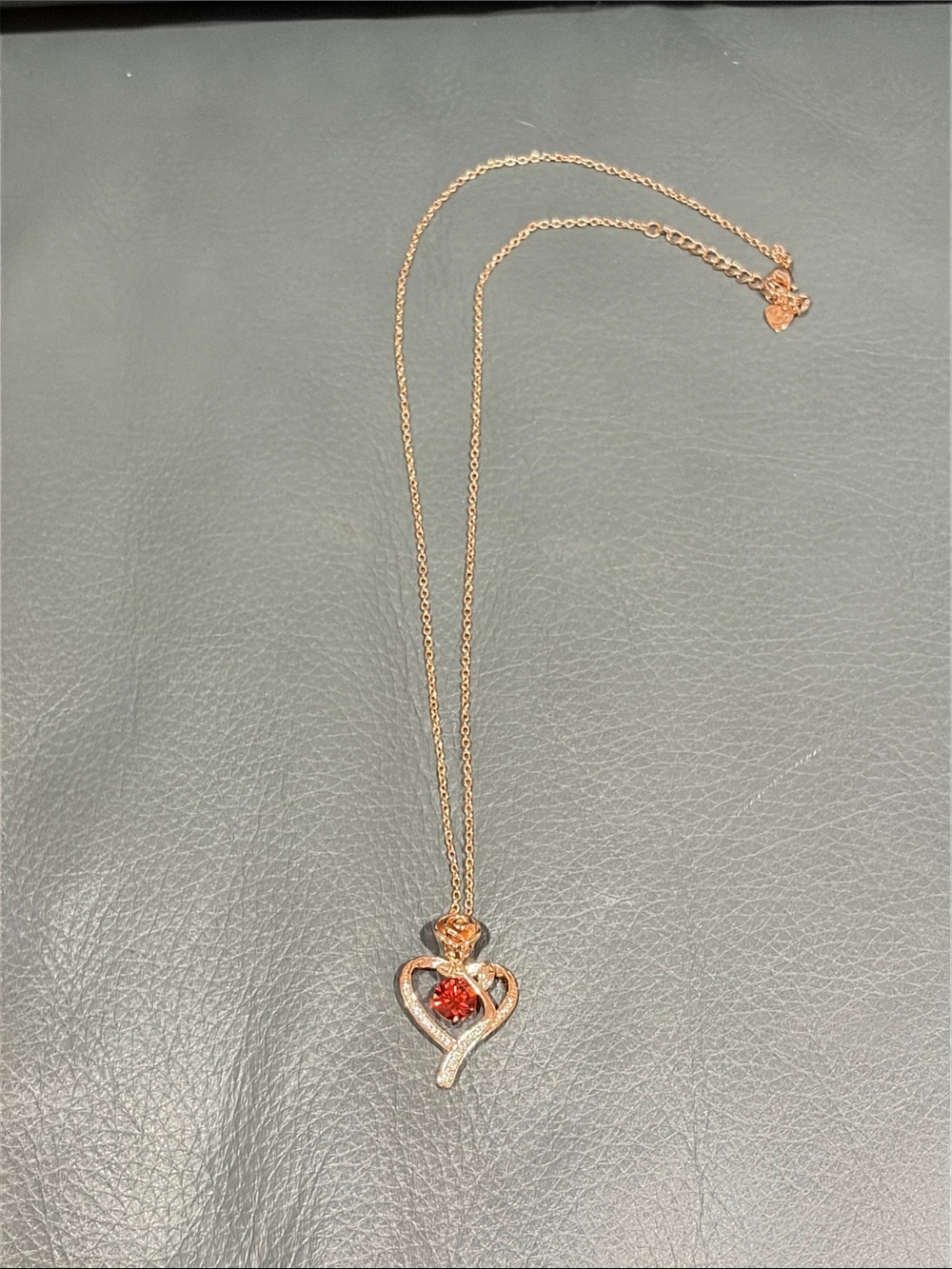 Women's Rose Gold Heart Pendant Necklace with Red Gem